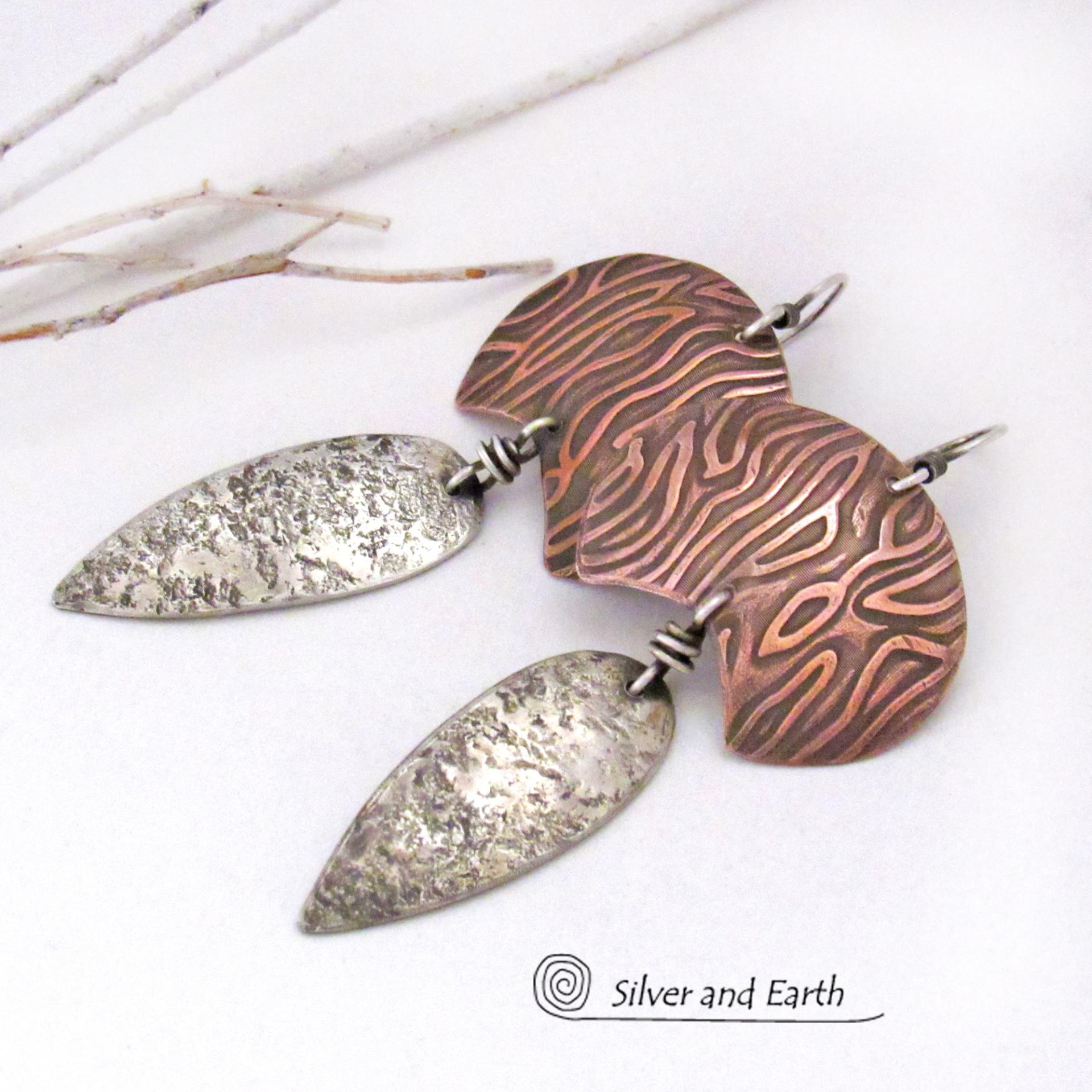 Mixed Metal Sterling Silver & Copper Earrings - Contemporary Modern Jewelry