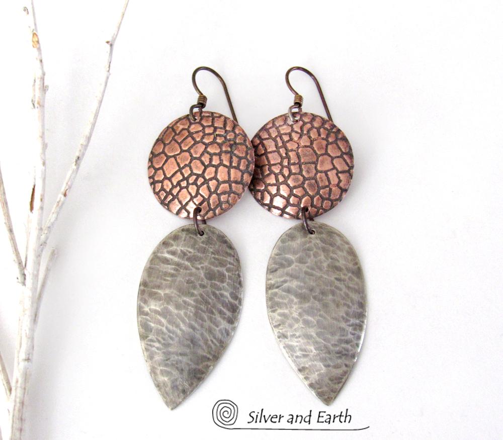 Mixed Metal Earrings with Embossed Copper and Hammered Sterling Silver - Bold Modern Contemporary Jewelry