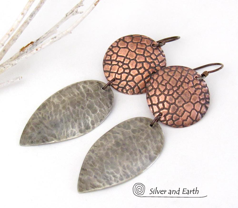 Mixed Metal Earrings with Embossed Copper and Hammered Sterling Silver - Bold Modern Contemporary Jewelry