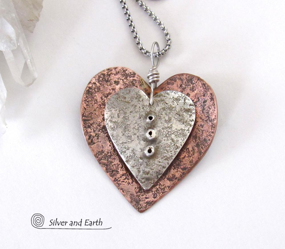 Nesting Mixed Metal Heart Necklace with Sterling Silver & Copper - Unique Romantic Jewelry