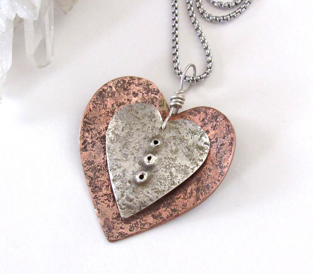 Nesting Mixed Metal Heart Necklace with Sterling Silver & Copper - Unique Romantic Jewelry