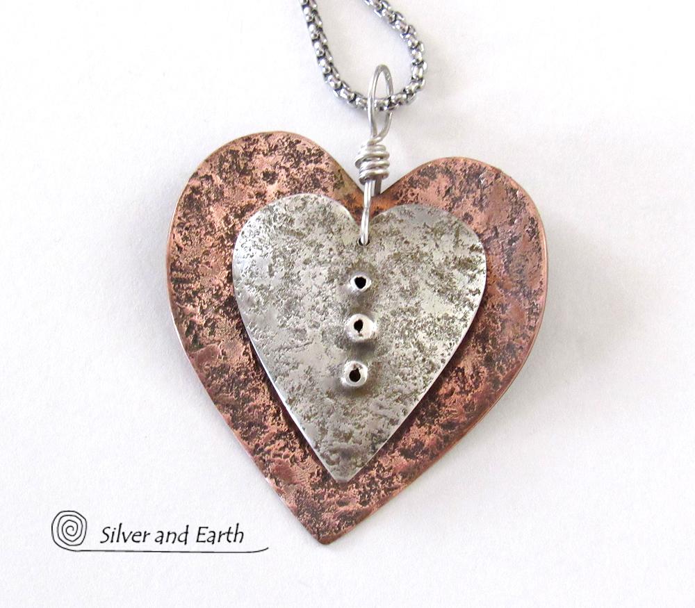 Nesting Mixed Metal Heart Necklace with Sterling Silver & Copper - Unique Romantic Jewelry