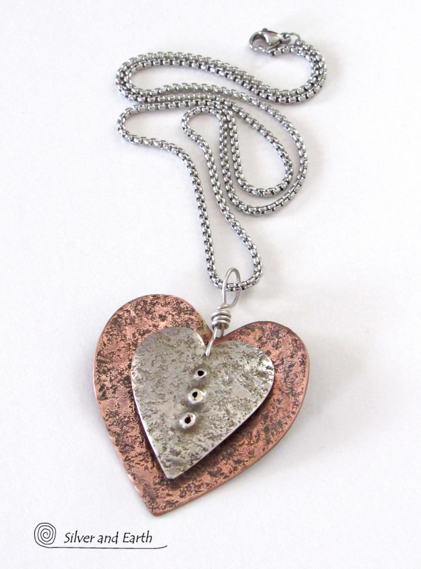 Nesting Mixed Metal Heart Necklace with Sterling Silver & Copper - Unique Romantic Jewelry