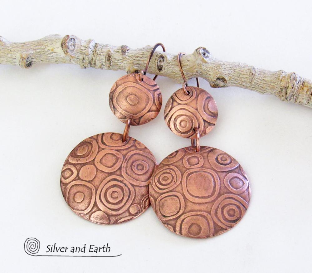 Big Bold Copper Double Dangle Earrings with Abstract Circle Texture - Contemporary Modern Jewelry