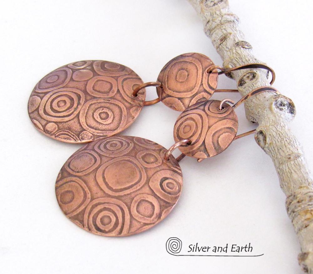 Big Bold Copper Double Dangle Earrings with Abstract Circle Texture - Contemporary Modern Jewelry