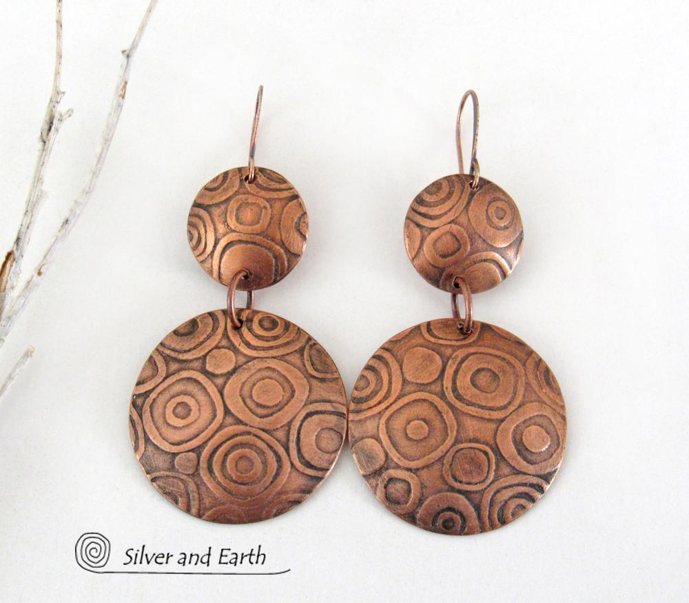 Big Bold Copper Double Dangle Earrings with Abstract Circle Texture - Contemporary Modern Jewelry