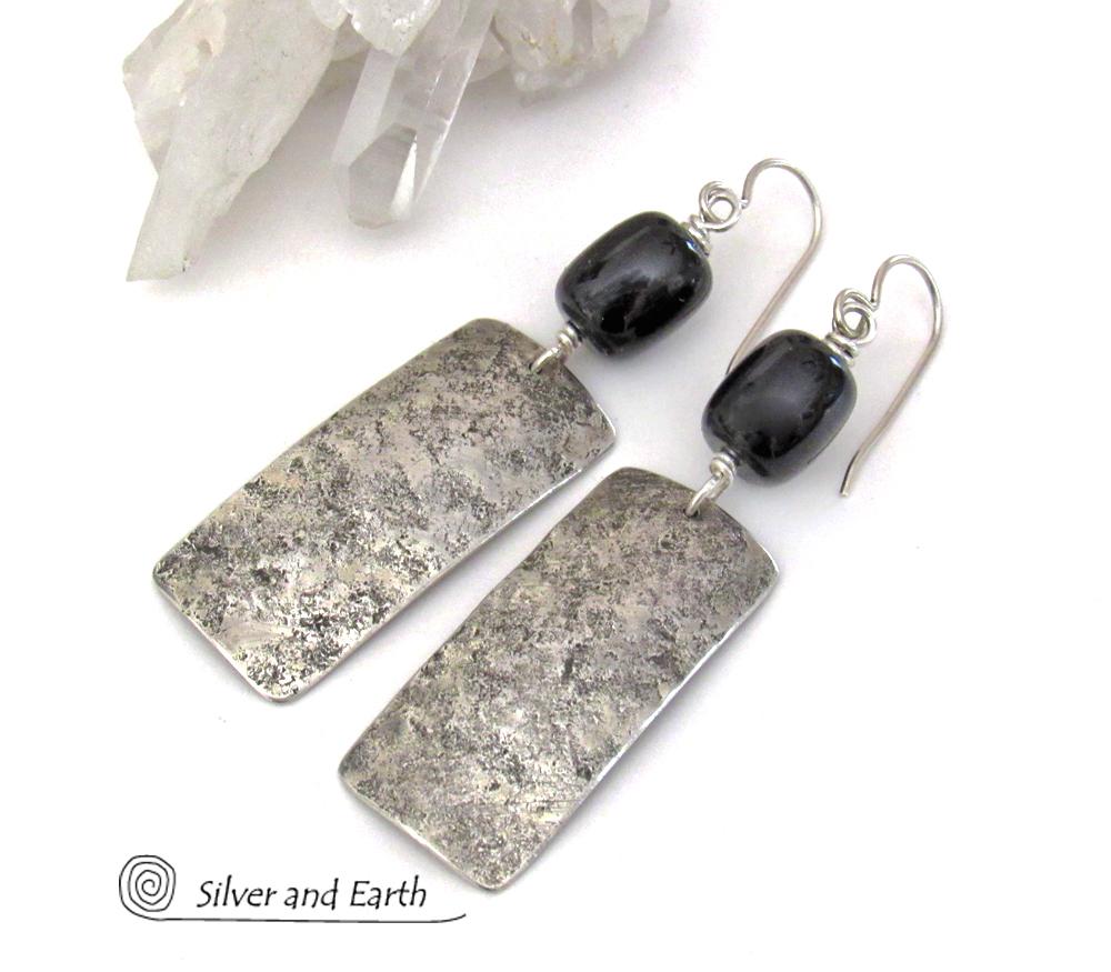 Sterling Silver and Black Onyx Gemstone Earrings - Classic Modern Sterling Silver Jewelry