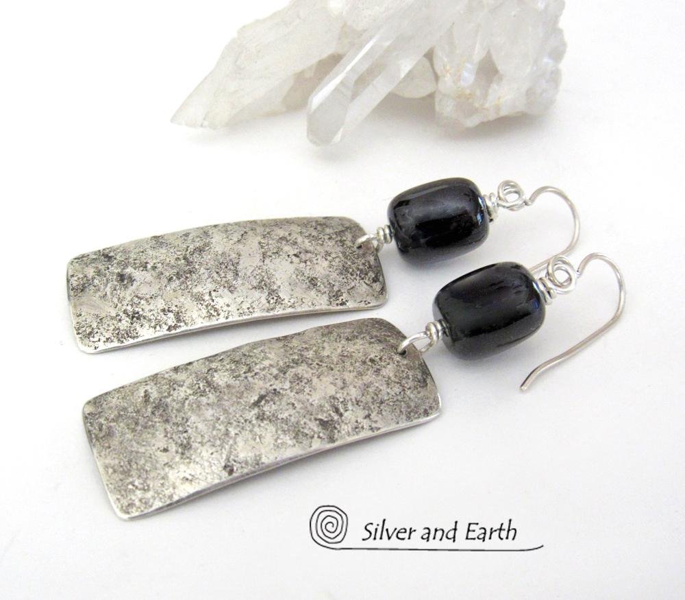 Sterling Silver and Black Onyx Gemstone Earrings - Classic Modern Sterling Silver Jewelry