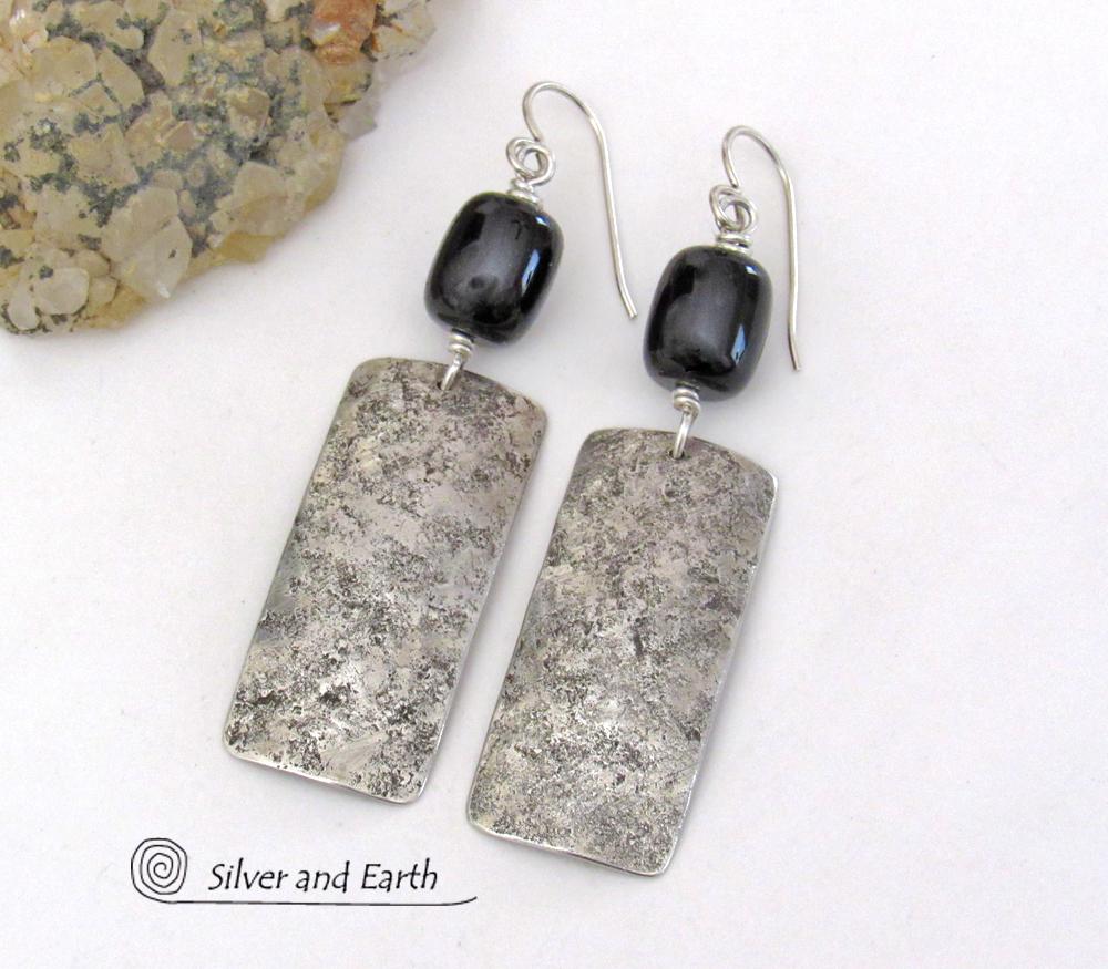 Sterling Silver and Black Onyx Gemstone Earrings - Classic Modern Sterling Silver Jewelry