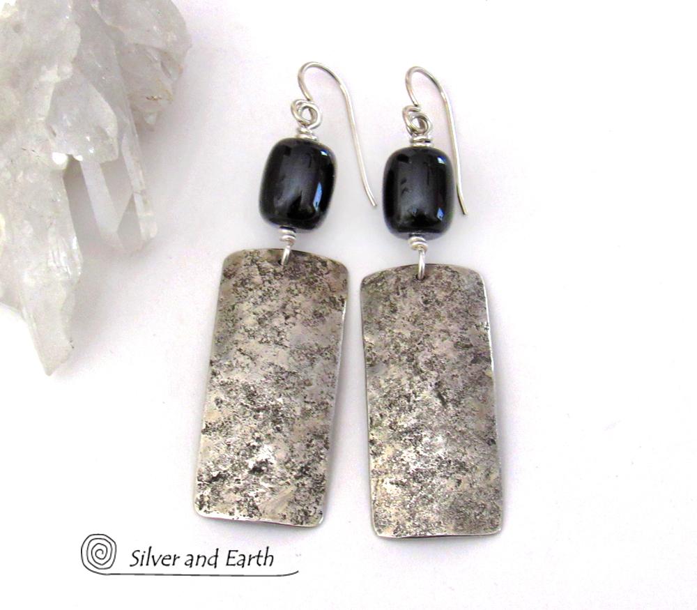 Sterling Silver and Black Onyx Gemstone Earrings - Classic Modern Sterling Silver Jewelry