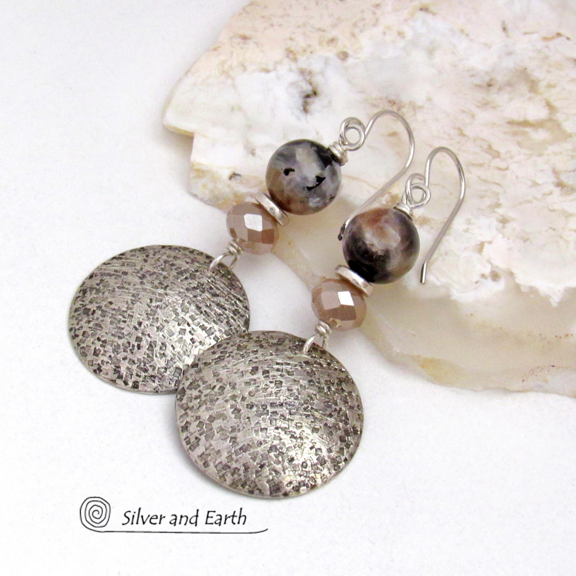 Sunstone Moonstone Sterling Silver Earrings - Dressy Elegant Modern Gemstone Jewelry