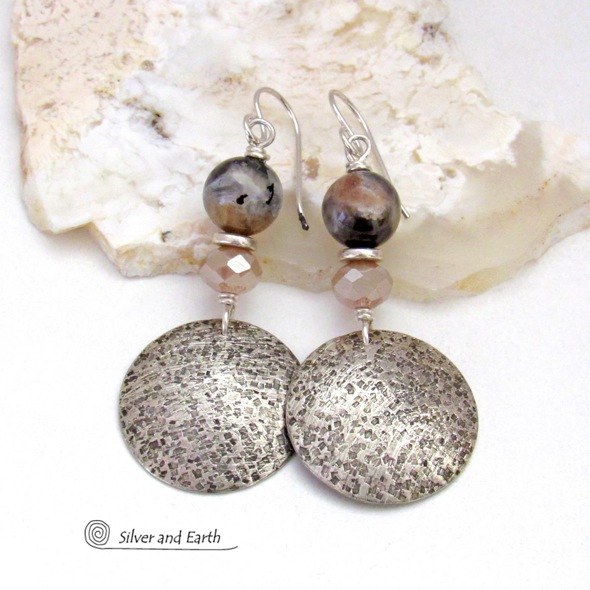 Sunstone Moonstone Sterling Silver Earrings - Dressy Elegant Modern Gemstone Jewelry