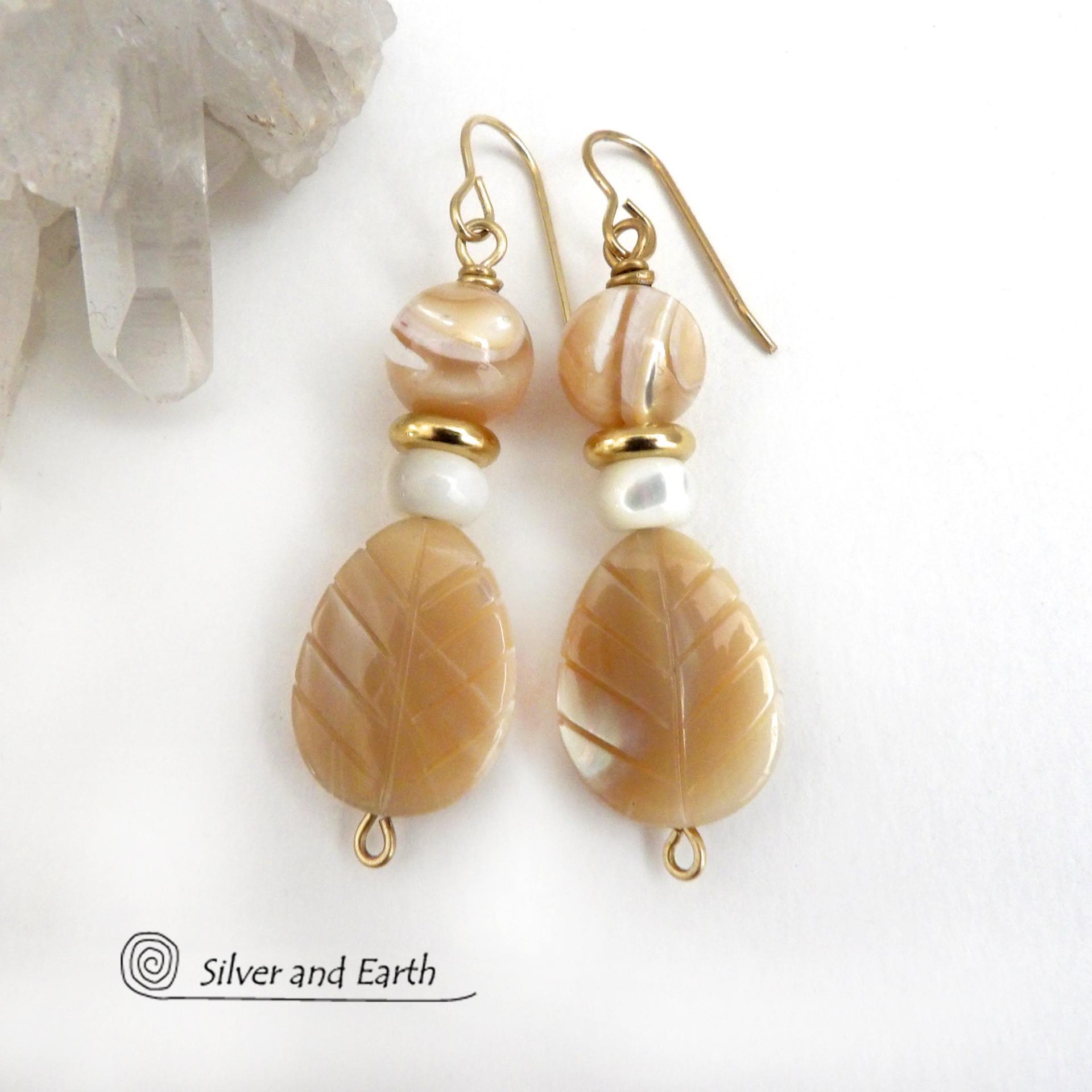 Golden Mother of Pearl Carved Leaf Earrings with Gold Brass Accents