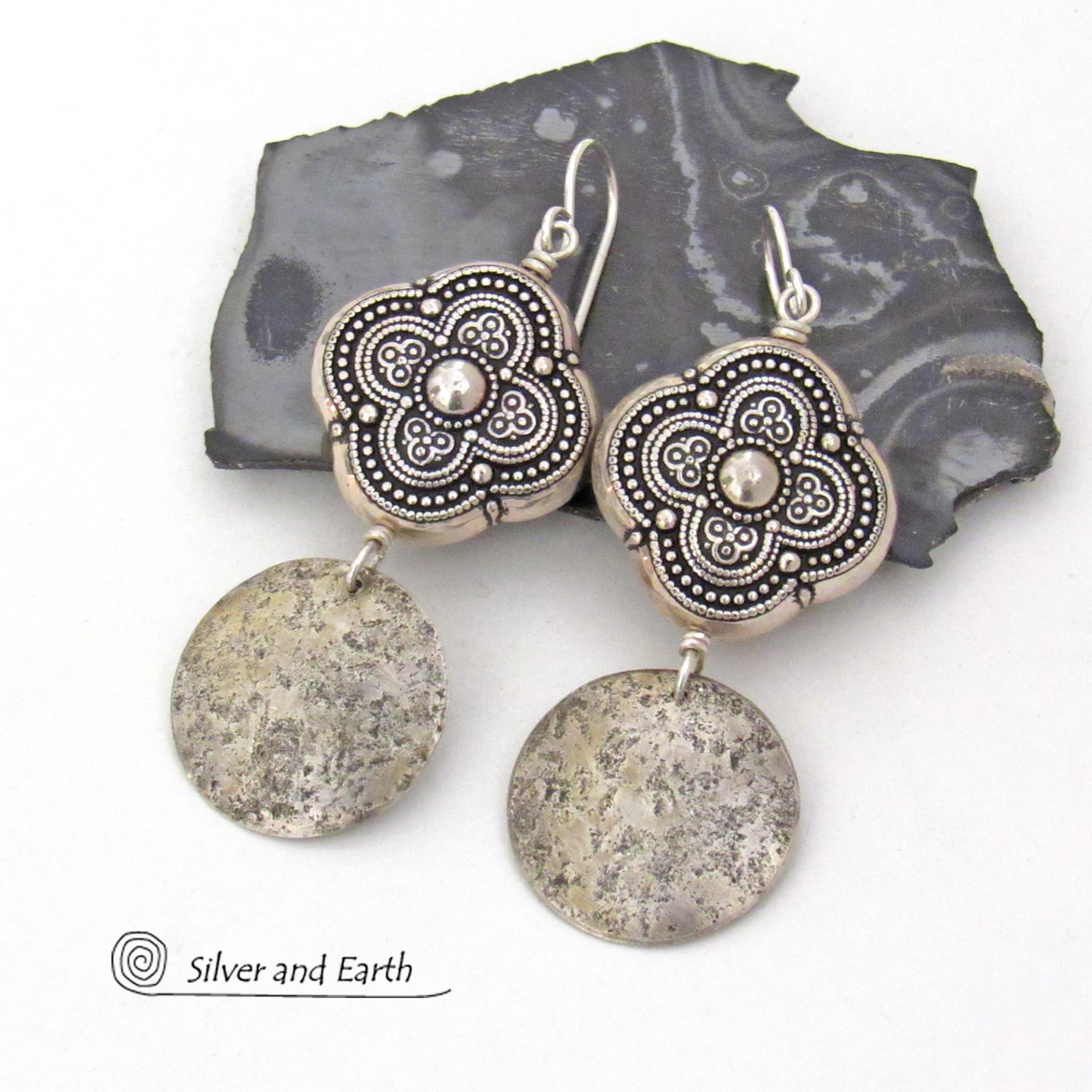 Sterling Silver Dangle Earrings with Moroccan Style Beads - Ornate Exotic Silver Jewelry
