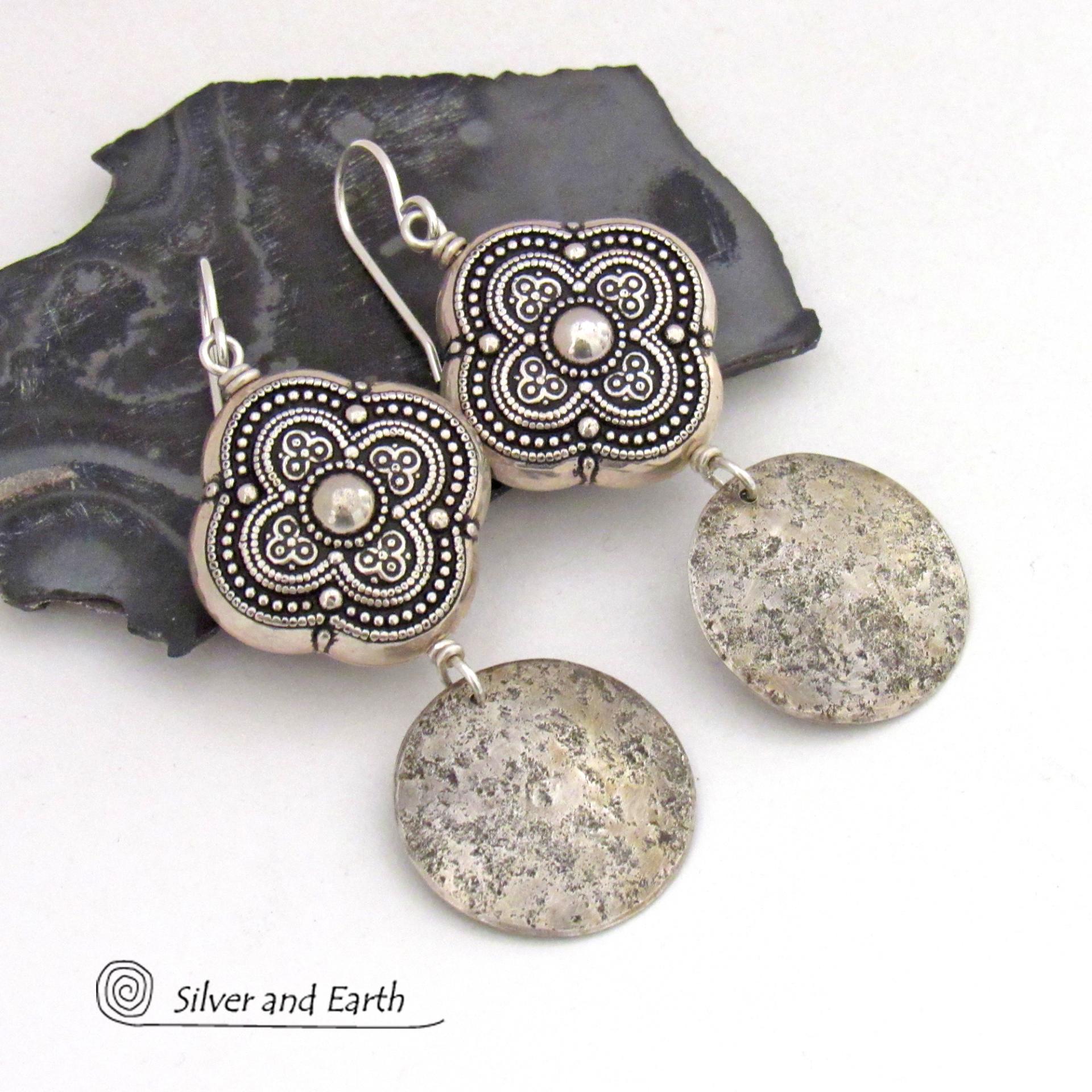 Sterling Silver Dangle Earrings with Moroccan Style Beads - Ornate Exotic Silver Jewelry