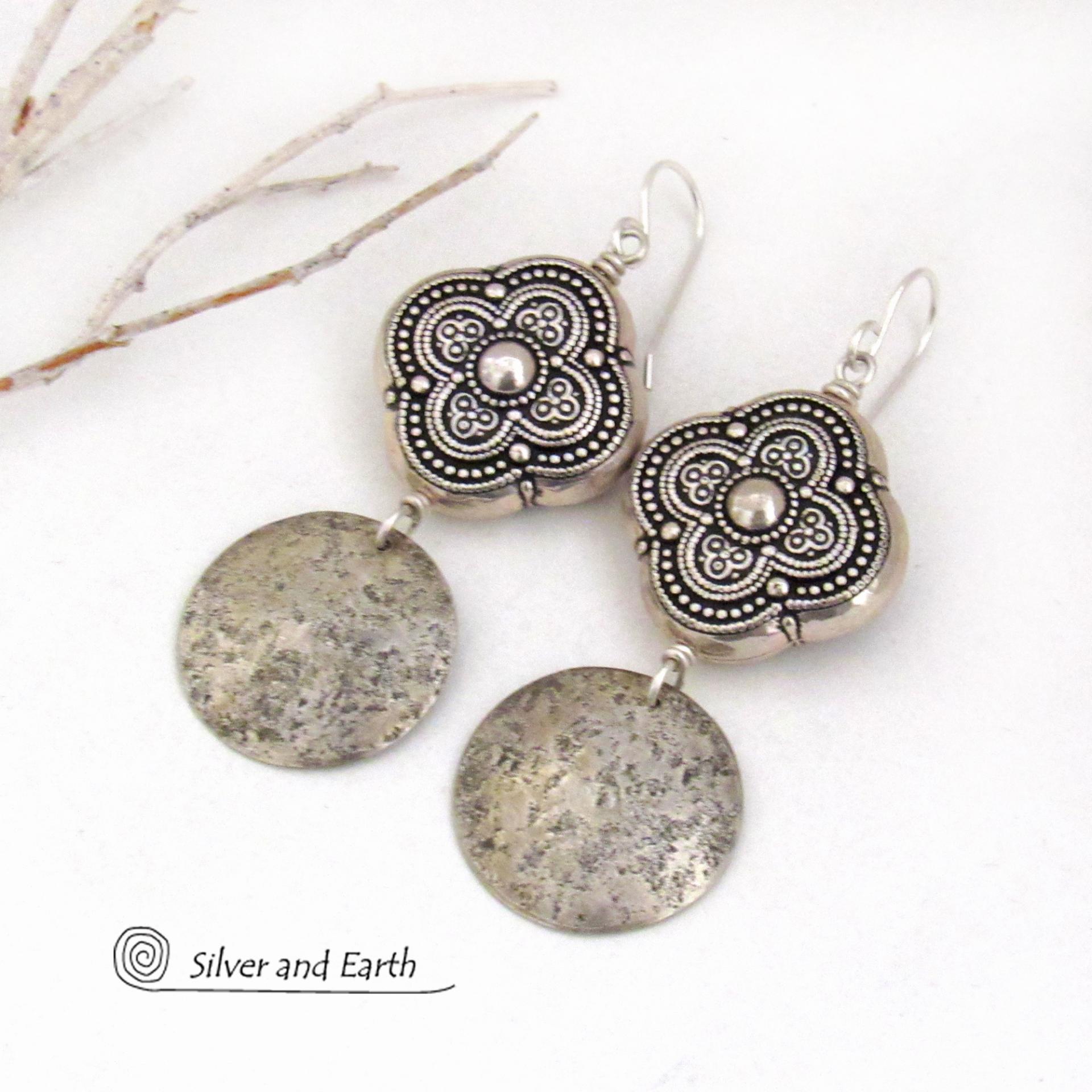 Sterling Silver Dangle Earrings with Moroccan Style Beads - Ornate Exotic Silver Jewelry
