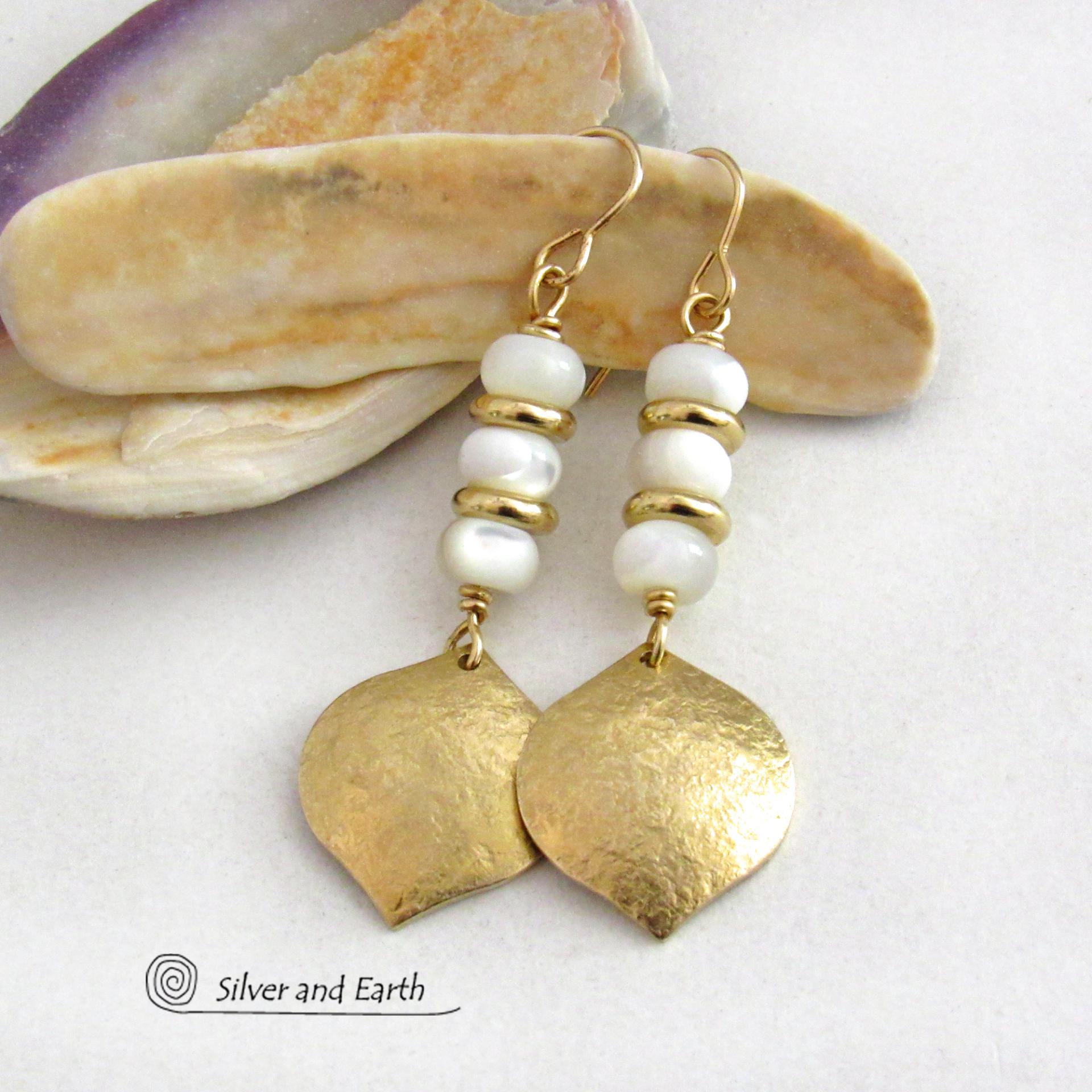 White Mother of Pearl Earrings with Shiny Gold Brass Dangles - Elegant Modern Chic Anniversary and Birthstone Jewelry