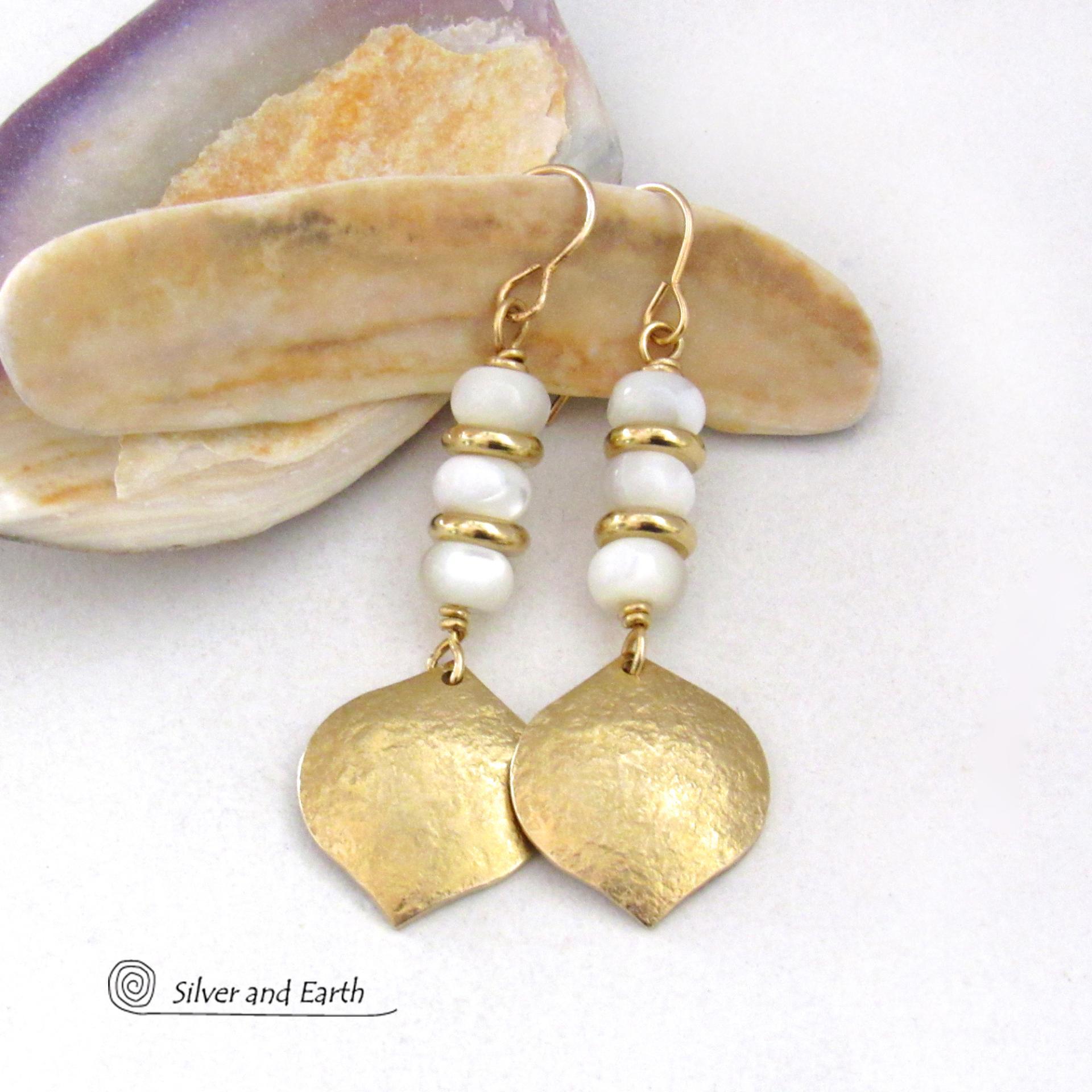 White Mother of Pearl Earrings with Shiny Gold Brass Dangles - Elegant Modern Chic Anniversary and Birthstone Jewelry