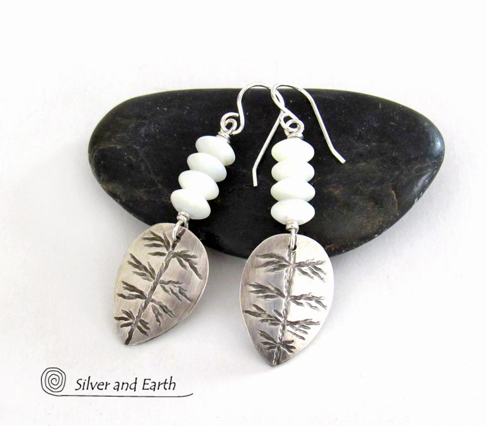 Small Sterling Silver Leaf Earrings with White Mother of Pearl - Modern Earthy Nature Jewelry Gifts for Women