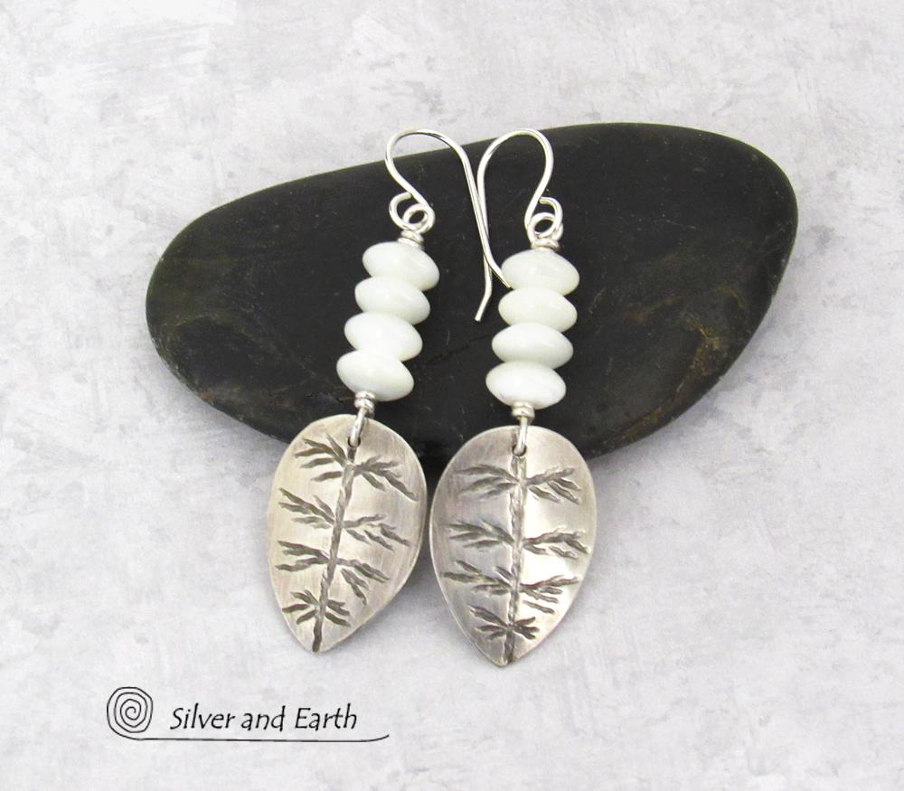 Small Sterling Silver Leaf Earrings with White Mother of Pearl - Modern Earthy Nature Jewelry Gifts for Women