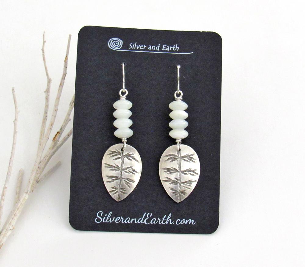 Small Sterling Silver Leaf Earrings with White Mother of Pearl - Modern Earthy Nature Jewelry Gifts for Women