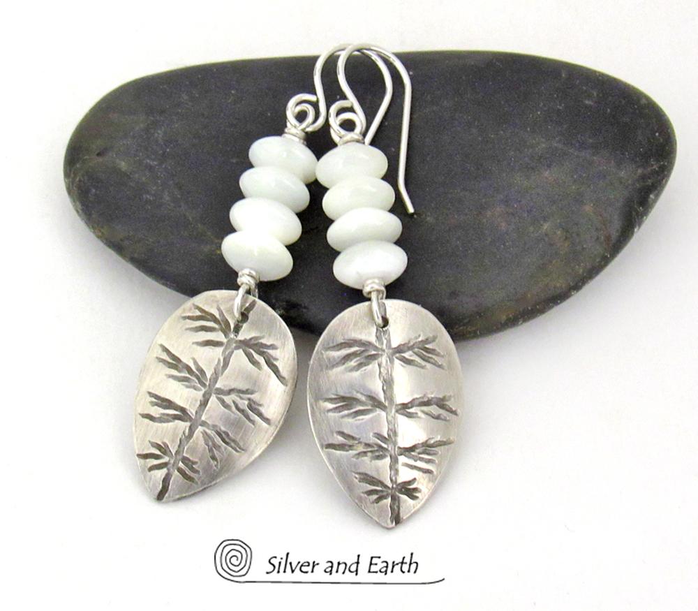 Small Sterling Silver Leaf Earrings with White Mother of Pearl - Modern Earthy Nature Jewelry Gifts for Women