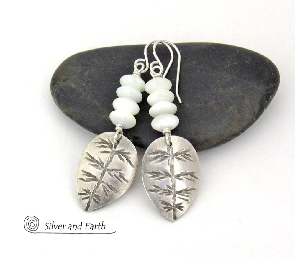 Small Sterling Silver Leaf Earrings with White Mother of Pearl - Modern Earthy Nature Jewelry Gifts for Women
