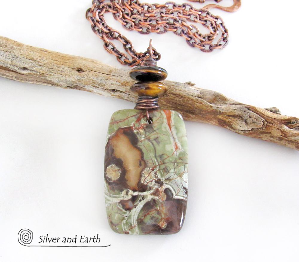 Mushroom Rhyolite Jasper Pendant accented with Tiger's Eye Stones on Antiqued Copper Chain Necklace