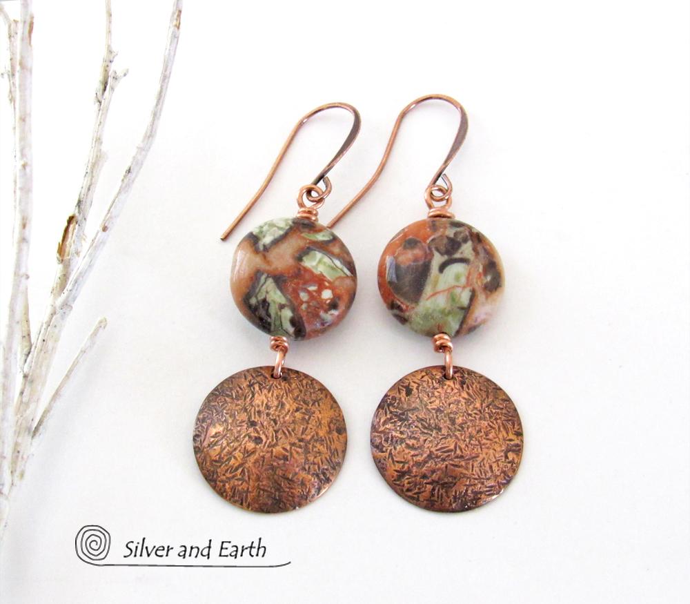 Textured Copper Dangle Earrings with Natural Mushroom Rhyolite Jasper Stones