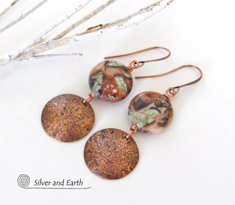 Textured Copper Dangle Earrings with Natural Mushroom Rhyolite Jasper Stones