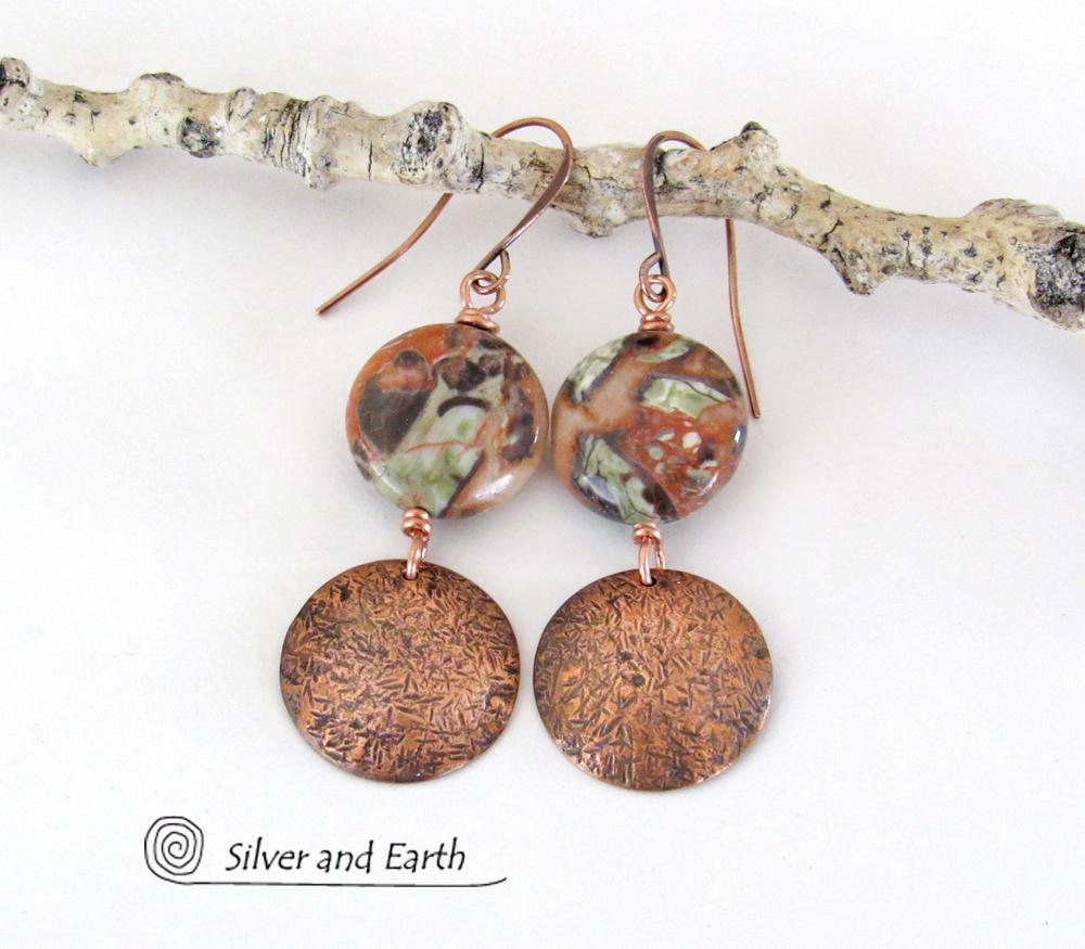 Textured Copper Dangle Earrings with Natural Mushroom Rhyolite Jasper Stones