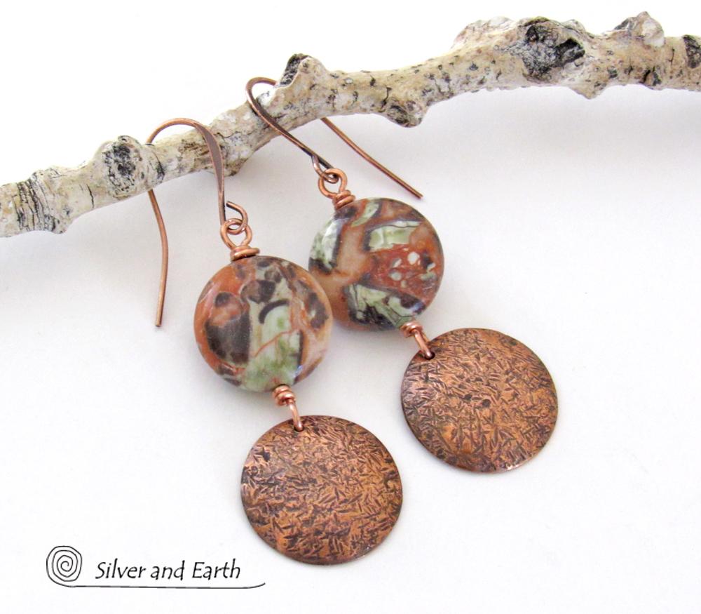 Textured Copper Dangle Earrings with Natural Mushroom Rhyolite Jasper Stones