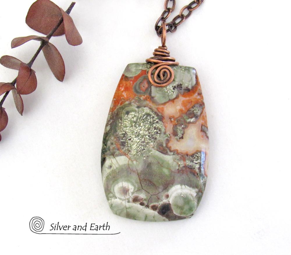 Mushroom Rhyolite Jasper Pendant with Copper Necklace - Earthy Natural Stone Jewelry