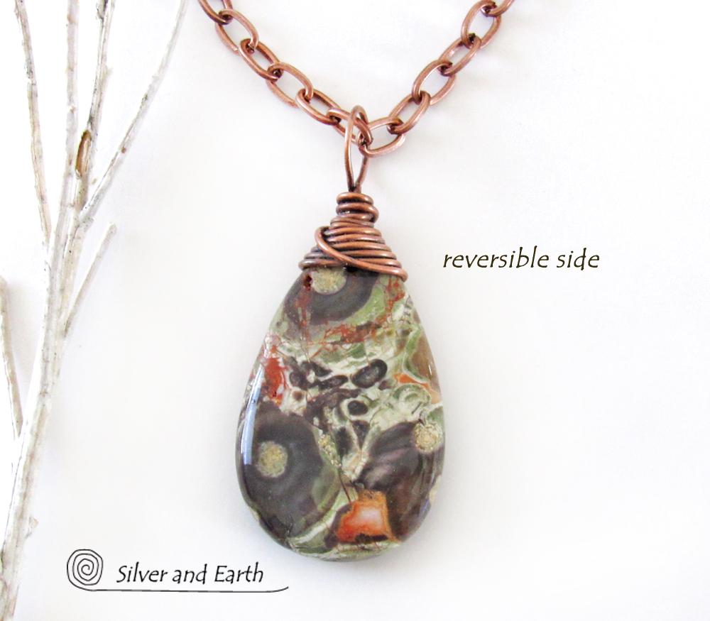 Copper Wire Wrapped Mushroom Rhyolite Natural Jasper Stone Pendant Necklace 