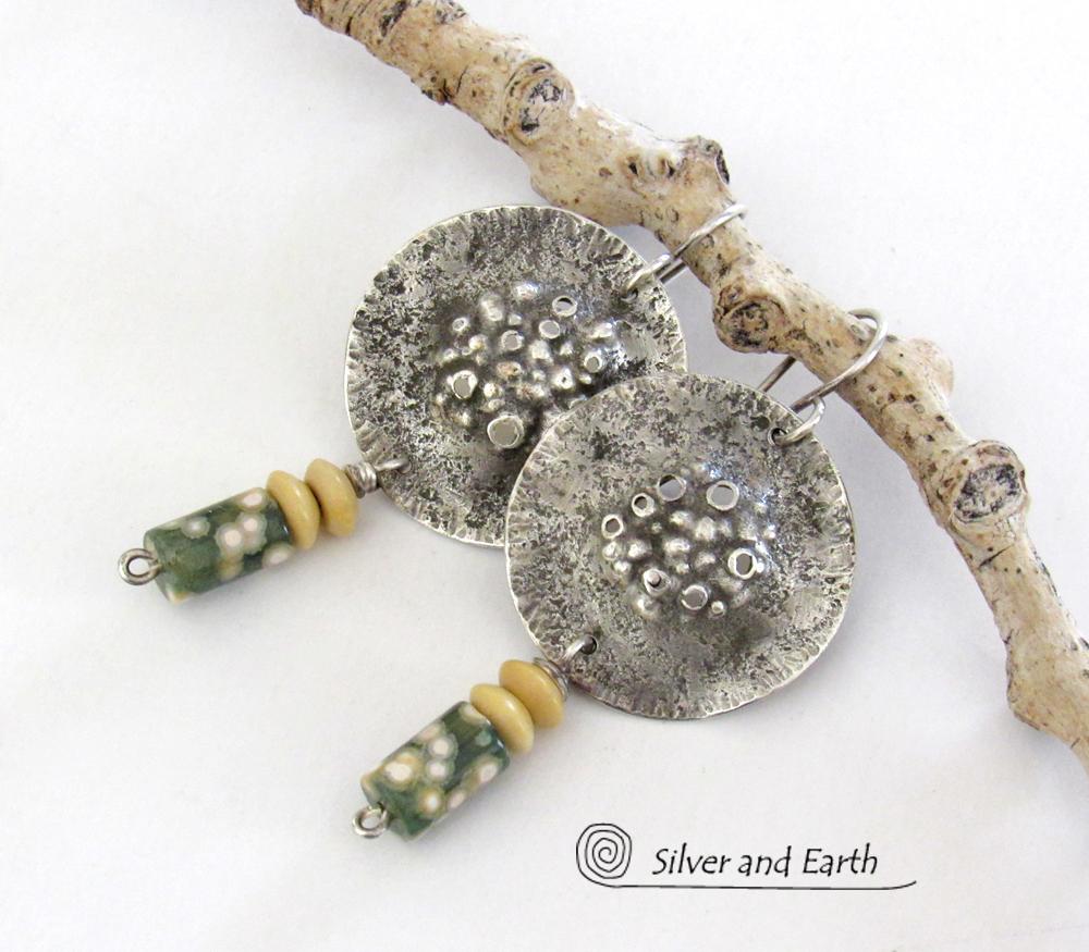 Sterling Silver Earrings with Green Ocean Jasper Stones - Unique Handcrafted Rustic Earthy Organic Silver Jewelry