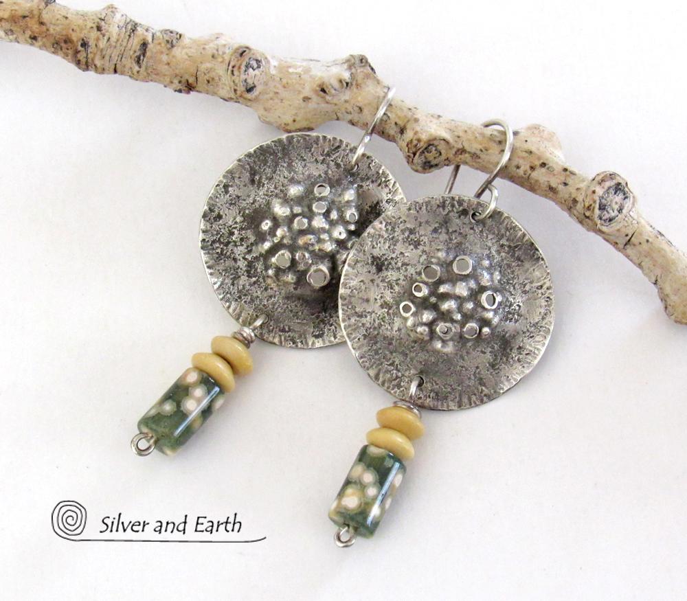 Sterling Silver Earrings with Green Ocean Jasper Stones - Unique Handcrafted Rustic Earthy Organic Silver Jewelry