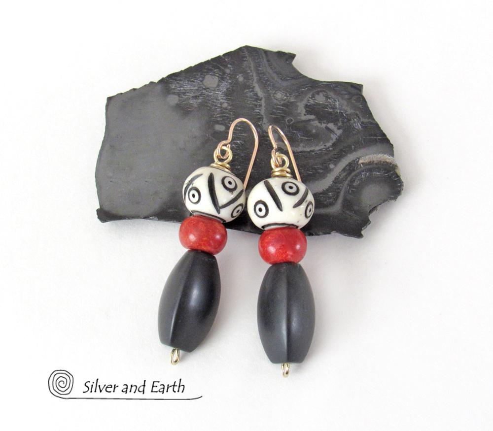 Matte Black Onyx Stone Earrings with African Carved Bone & Red Coral - Ethnic Bohemian Style Jewelry