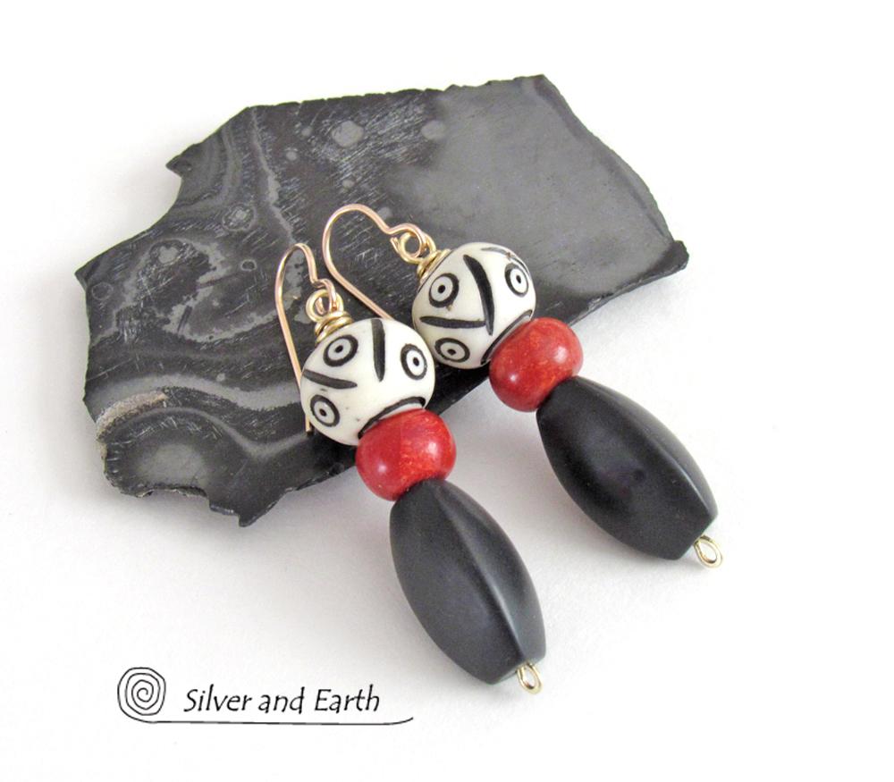 Matte Black Onyx Stone Earrings with African Carved Bone & Red Coral - Ethnic Bohemian Style Jewelry