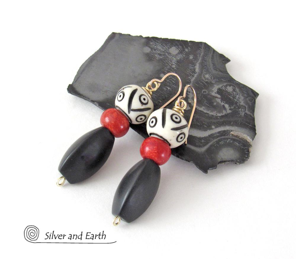 Matte Black Onyx Stone Earrings with African Carved Bone & Red Coral - Ethnic Bohemian Style Jewelry