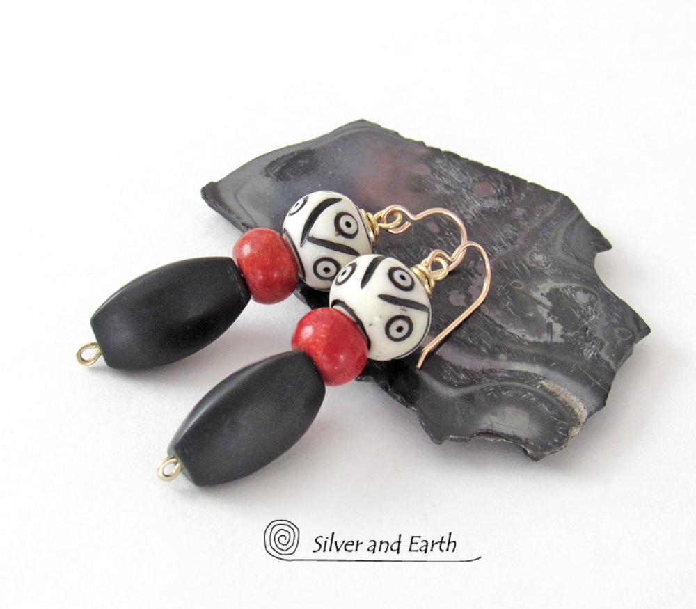 Matte Black Onyx Stone Earrings with African Carved Bone & Red Coral - Ethnic Bohemian Style Jewelry