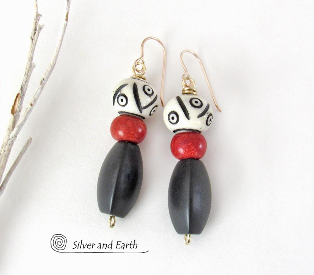 Matte Black Onyx Stone Earrings with African Carved Bone & Red Coral - Ethnic Bohemian Style Jewelry