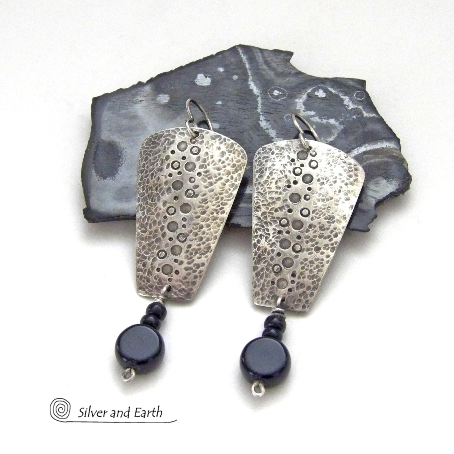 Hammered Sterling Silver Earrings with Black Onyx Gemstones - Artisan Handmade Earthy Organic Modern Jewelry