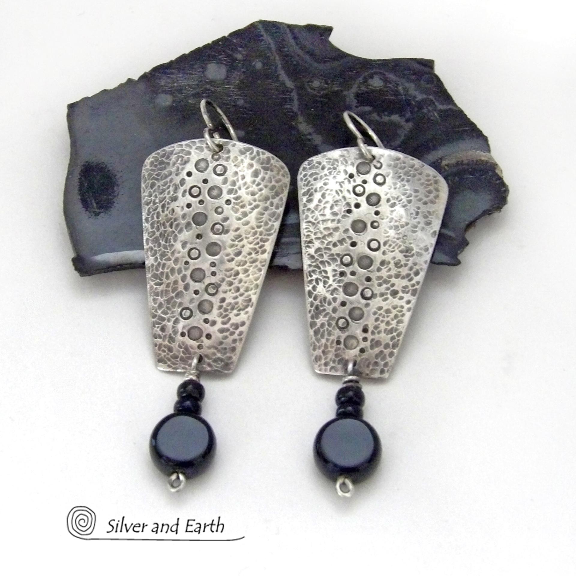 Hammered Sterling Silver Earrings with Black Onyx Gemstones - Artisan Handmade Earthy Organic Modern Jewelry