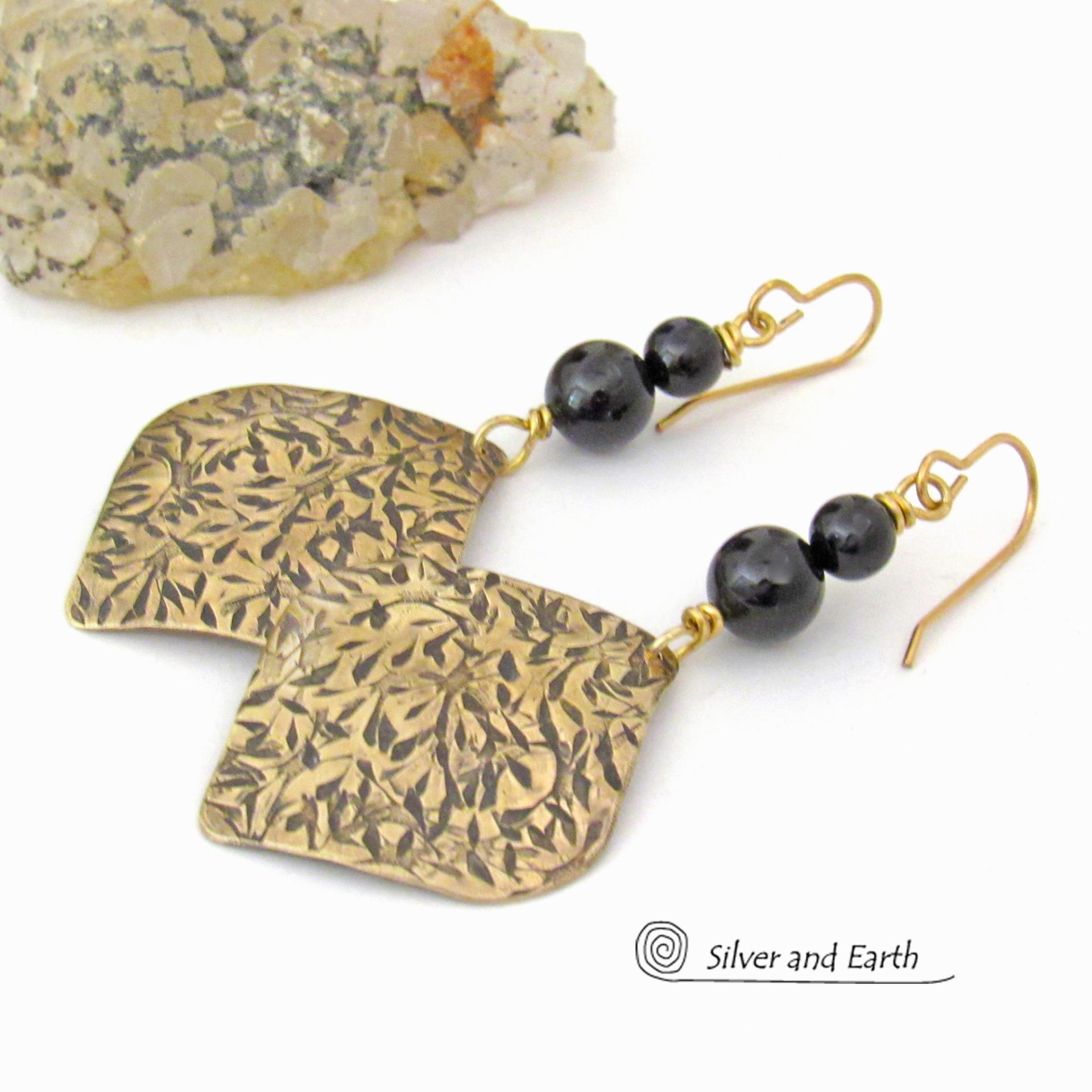 Textured Gold Brass Earrings with Black Onyx Gemstones - Bohemian Modern Chic Style Jewelry