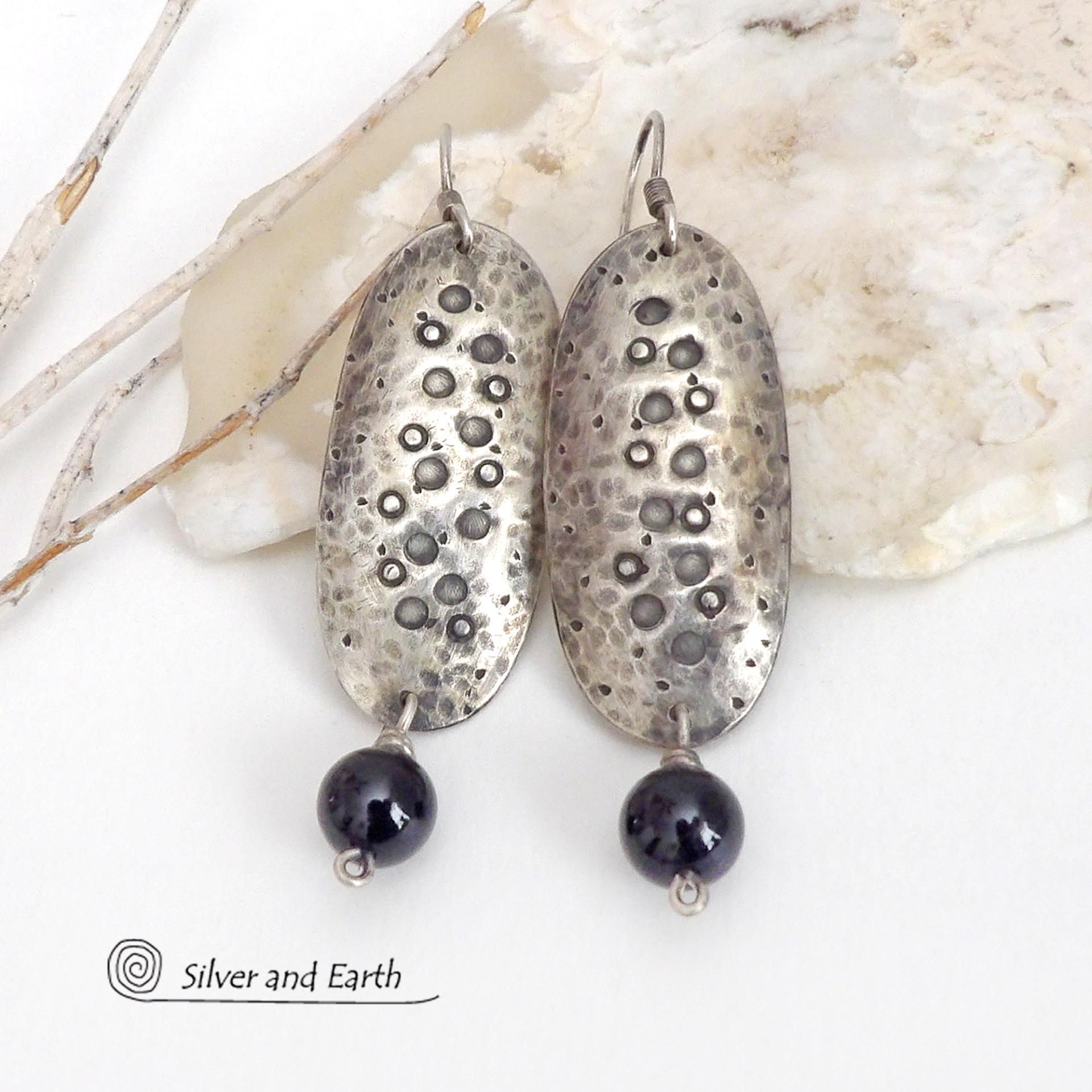 Hammered and Stamped Sterling Silver Earrings with Black Onyx Gemstone Dangles