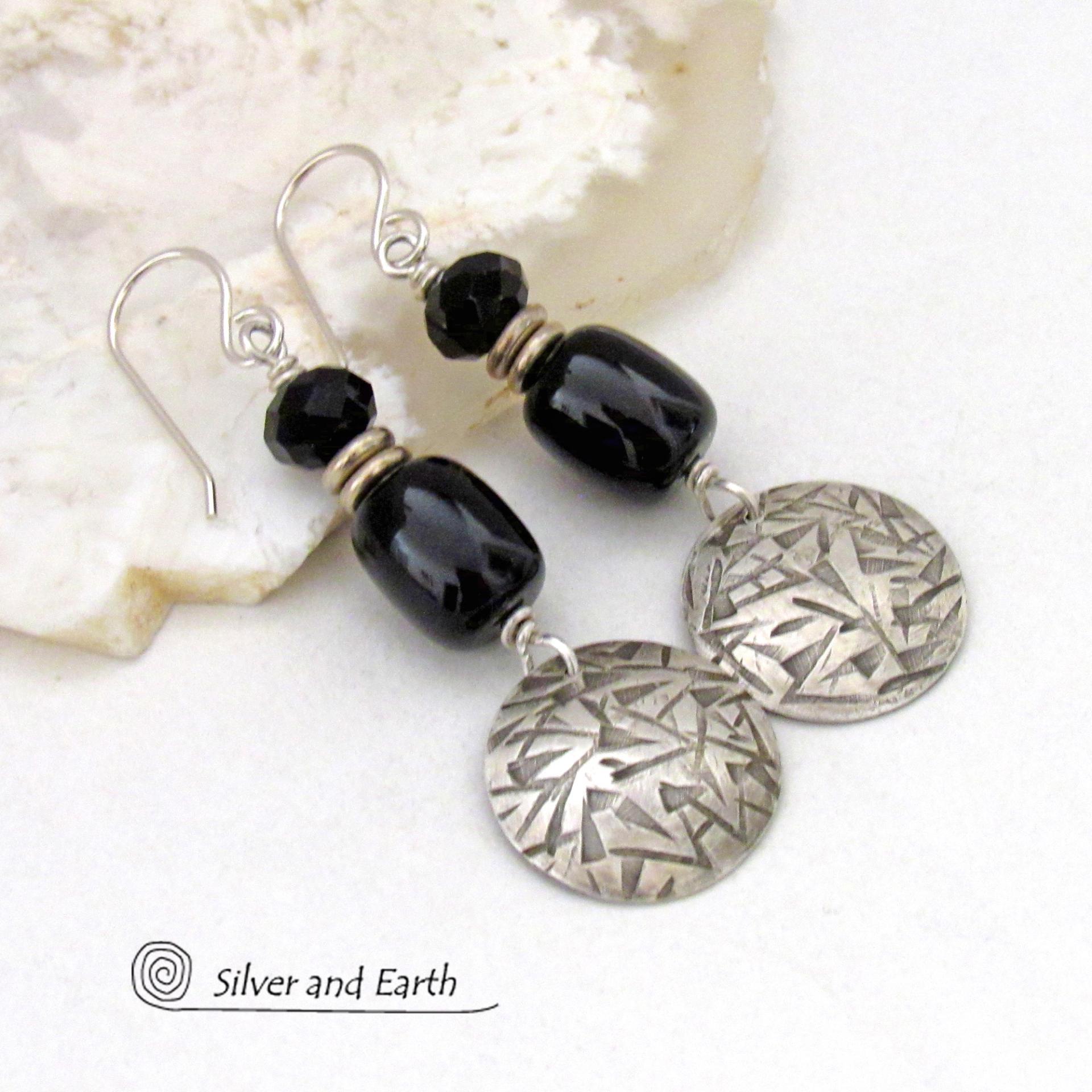Hand Stamped Sterling Silver Earrings with Black Onyx Gemstones & Faceted Crystal Beads