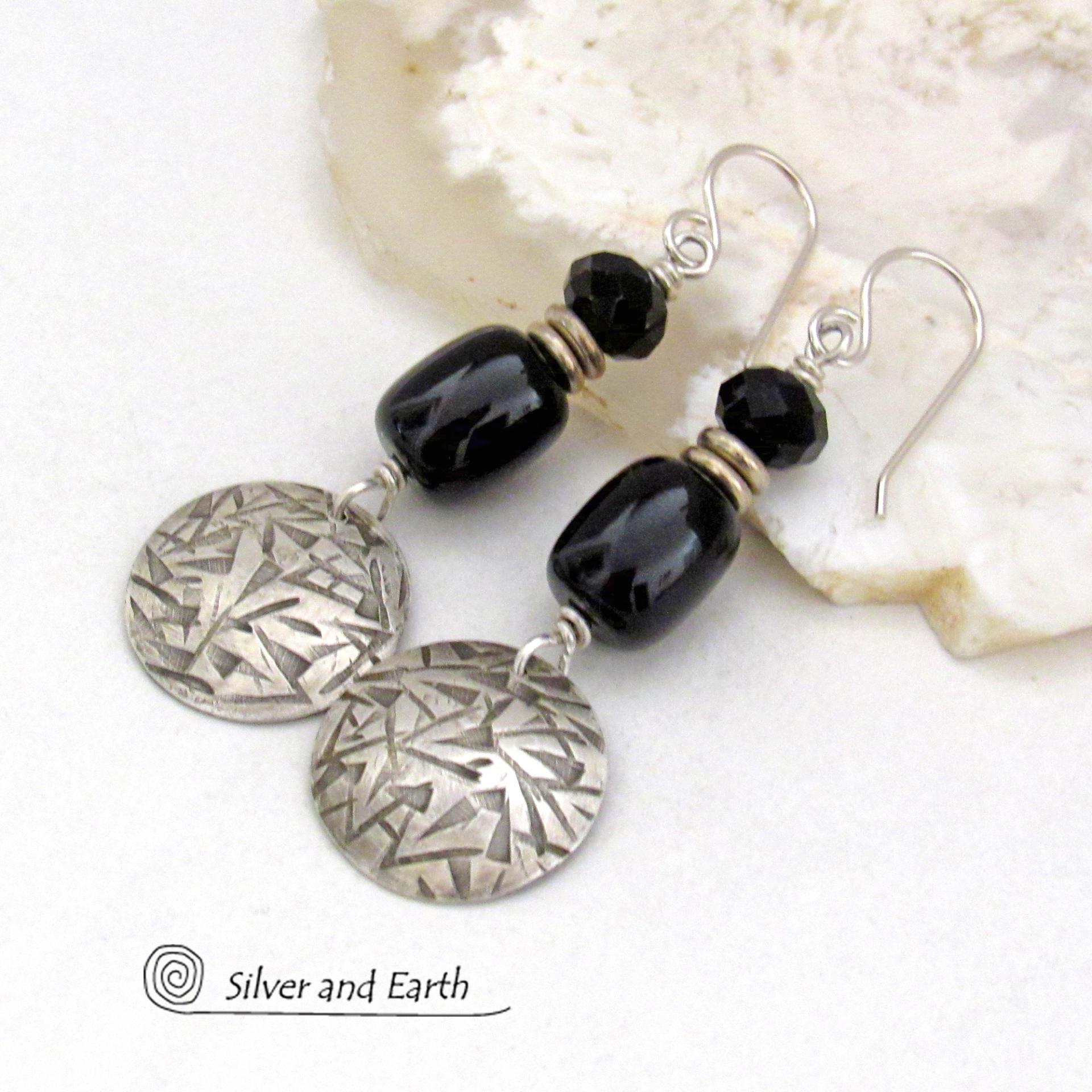 Hand Stamped Sterling Silver Earrings with Black Onyx Gemstones & Faceted Crystal Beads