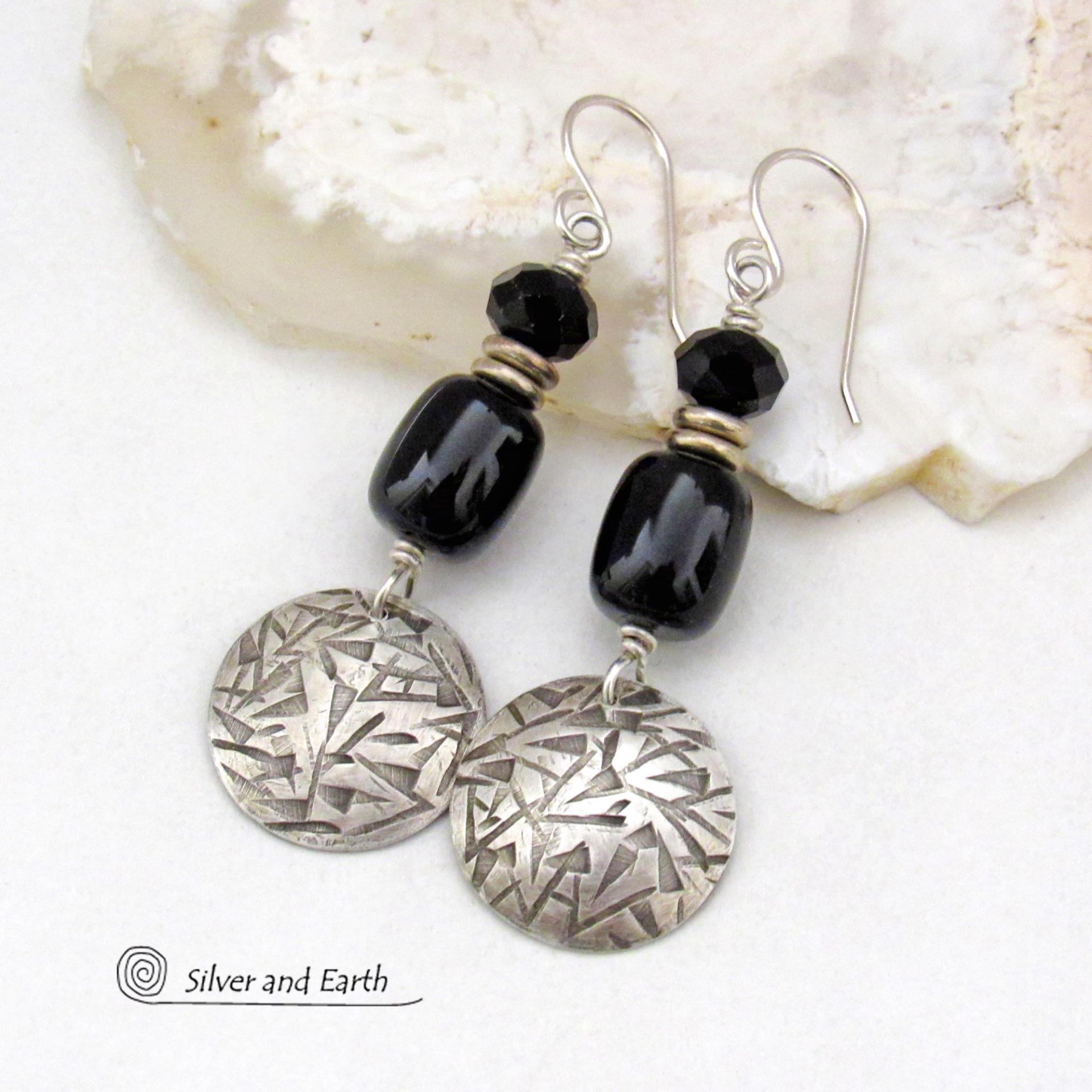 Hand Stamped Sterling Silver Earrings with Black Onyx Gemstones & Faceted Crystal Beads