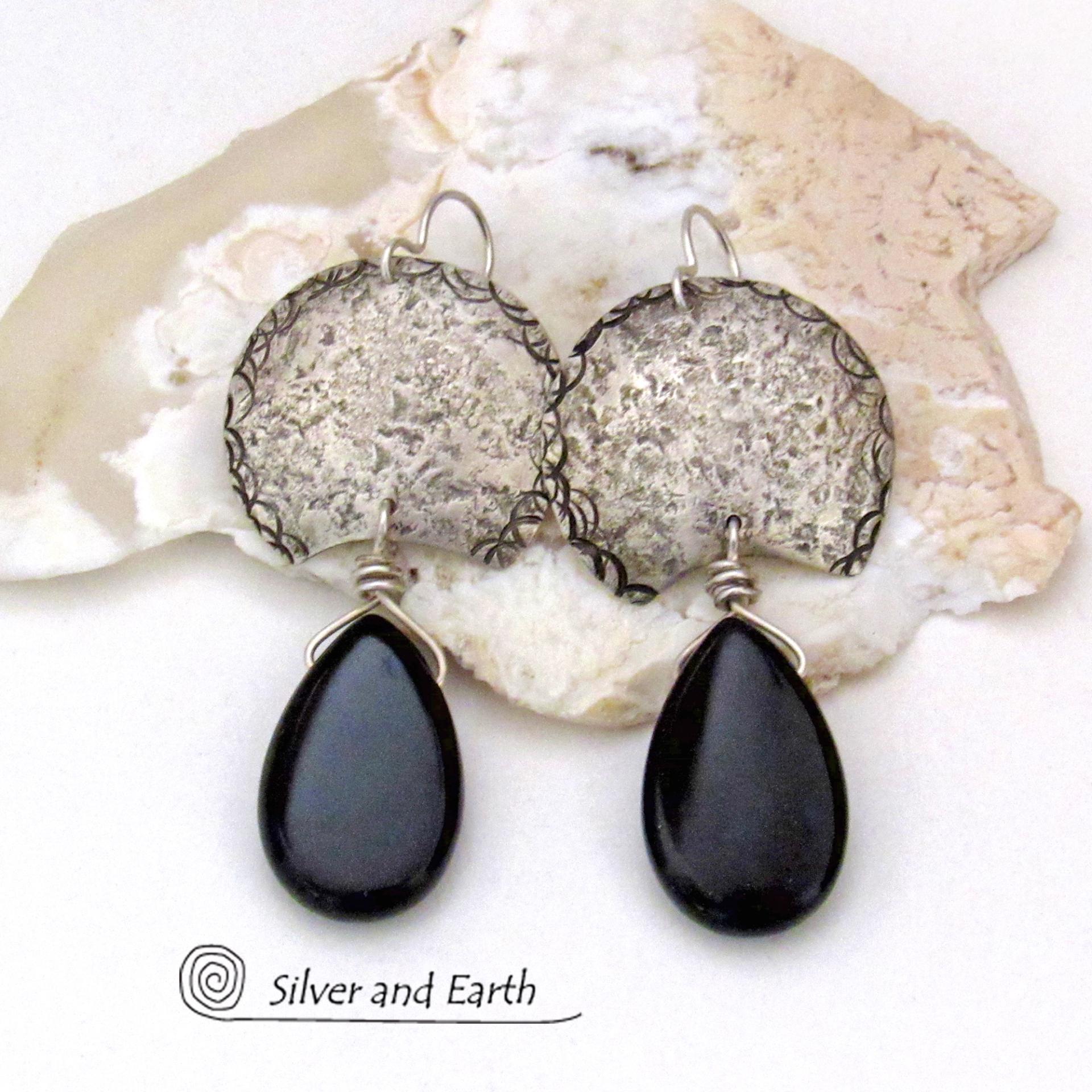 Sterling Silver Earrings with Black Onyx Gemstones- Contemporary Modern Artisan Handmade Jewelry