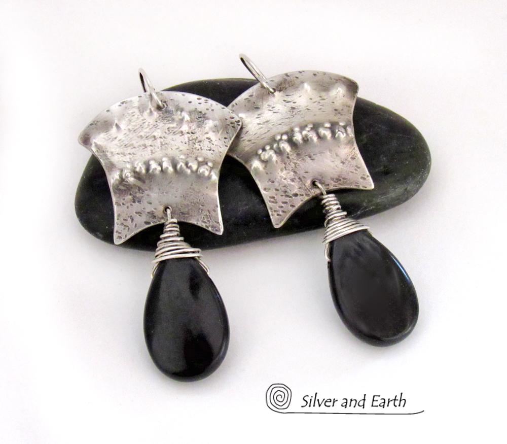 Bold Exotic Sterling Silver Earrings with Black Onyx Gemstones - Unique Handcrafted Artisan Jewelry